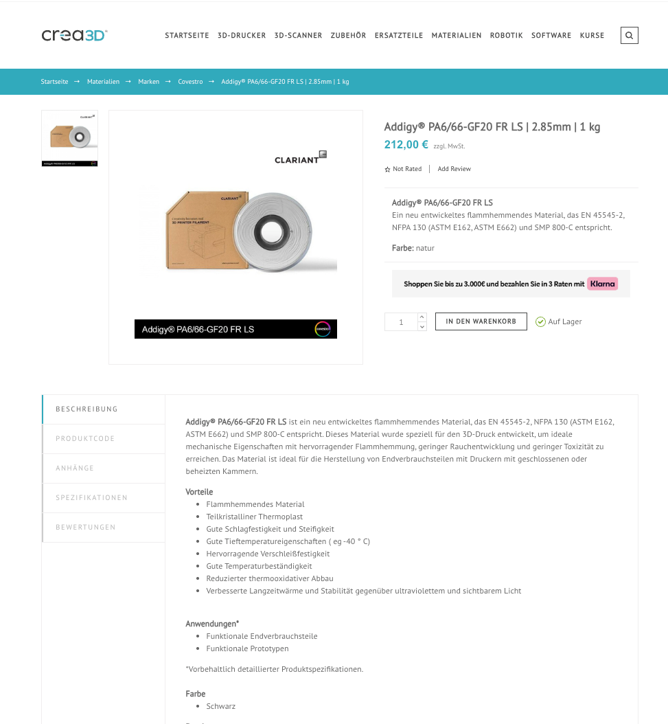 Covestro 2,85 Nylon-Glasfaser 1KG  PA6/66-GF20 Weiß