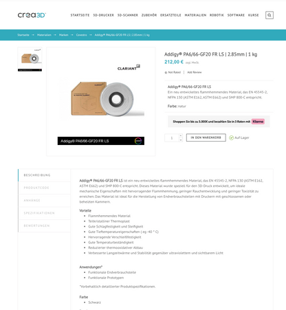 Covestro 2,85 Nylon-Glasfaser 1KG  PA6/66-GF20 Weiß